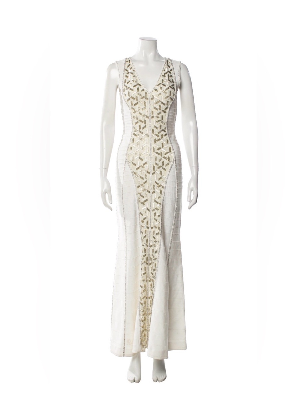 Herve Leger White Maxi Dress with Gold & Silver Embellished Panel